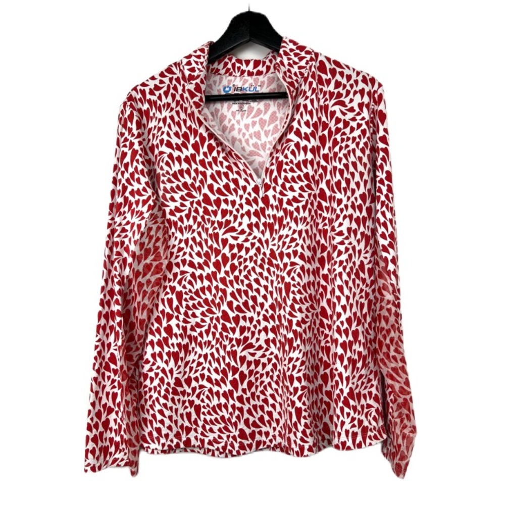 IBKUL DAVINA RED HEARTS Long Sleeve 1/4 Mock Neck Cooling Golf Shirt XL Active